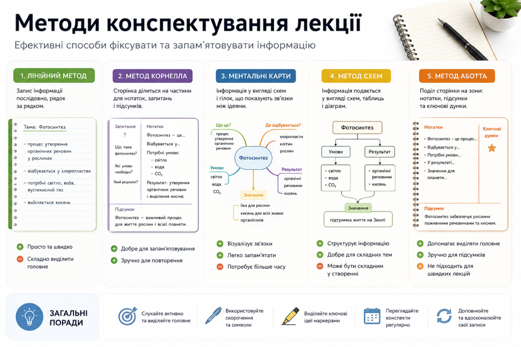 Інфографіка з описом 5 методів конспектування: лінійний, Корнелла, ментальні карти, схеми та метод Аботта