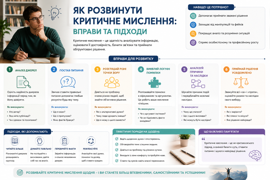 Інфографіка з 6 вправами для розвитку критичного мислення: аналіз джерел, постановка питань, розгляд різних точок зору та усвідомлене прийняття рішень