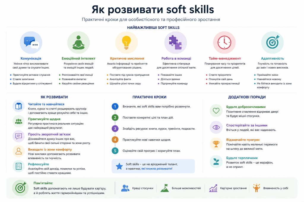 Інфографіка з описом 6 ключових soft skills та практичними кроками для їх розвитку: комунікація, емоційний інтелект, критичне мислення, робота в команді, тайм-менеджмент та адаптивність