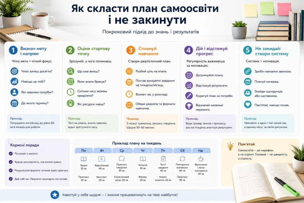 Інфографіка з 5 кроками створення плану самоосвіти: визначення мети, оцінка стартової точки, планування, відстеження прогресу та формування системи