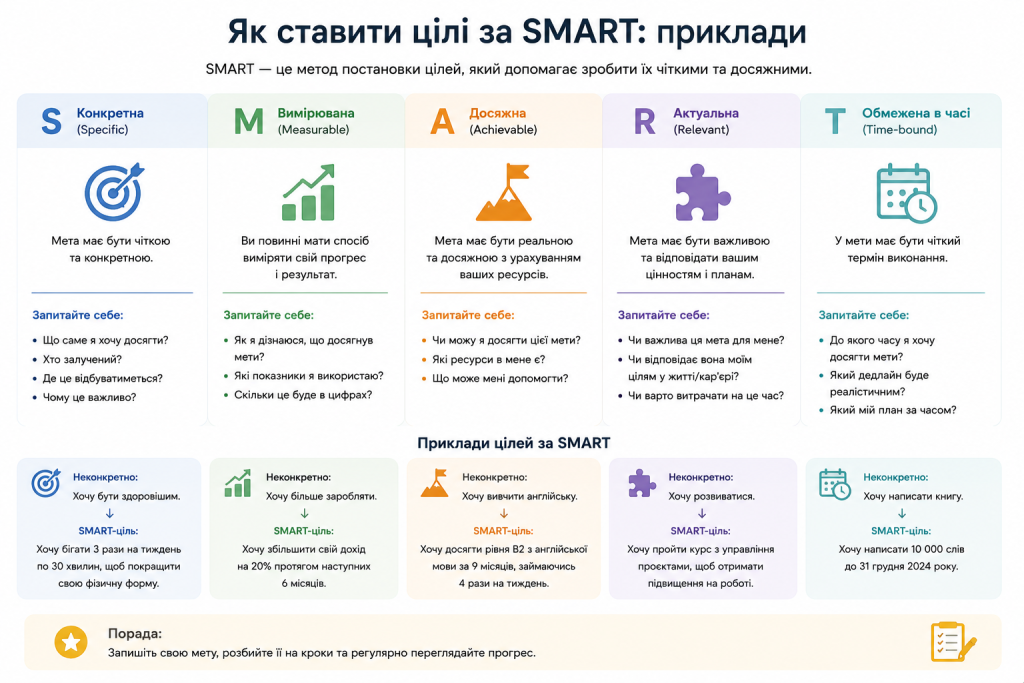Інфографіка з детальним поясненням методу SMART: критерії конкретної, вимірюваної, досяжної, актуальної та обмеженої в часі мети з практичними прикладами