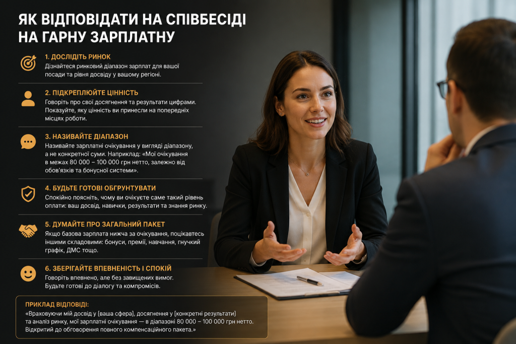 Інфографіка «Як відповідати на співбесіді на гарну зарплатню» з 6 порадами та прикладом відповіді на тлі фото жінки на співбесіді з роботодавцем