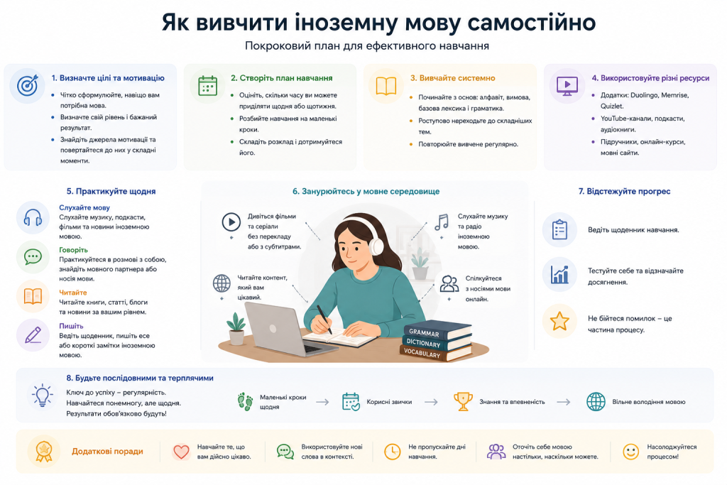 Інфографіка з 8 кроками самостійного вивчення іноземної мови: від визначення цілей і плану до занурення в мовне середовище та відстеження прогресу