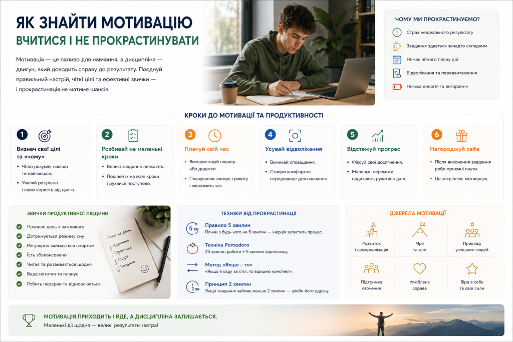 Інфографіка з 6 кроками до мотивації та продуктивності: визначення цілей, планування часу, усунення відволікань і техніки боротьби з прокрастинацією