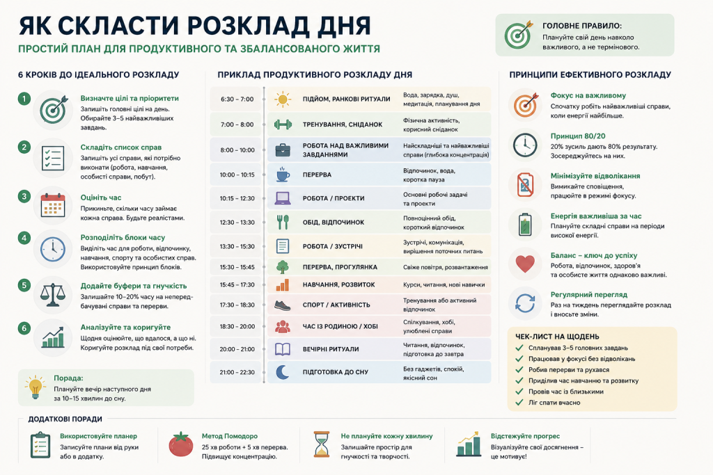 Інфографіка з 6 кроками складання розкладу дня, прикладом погодинного плану, принципами ефективності та щоденним чек-листом