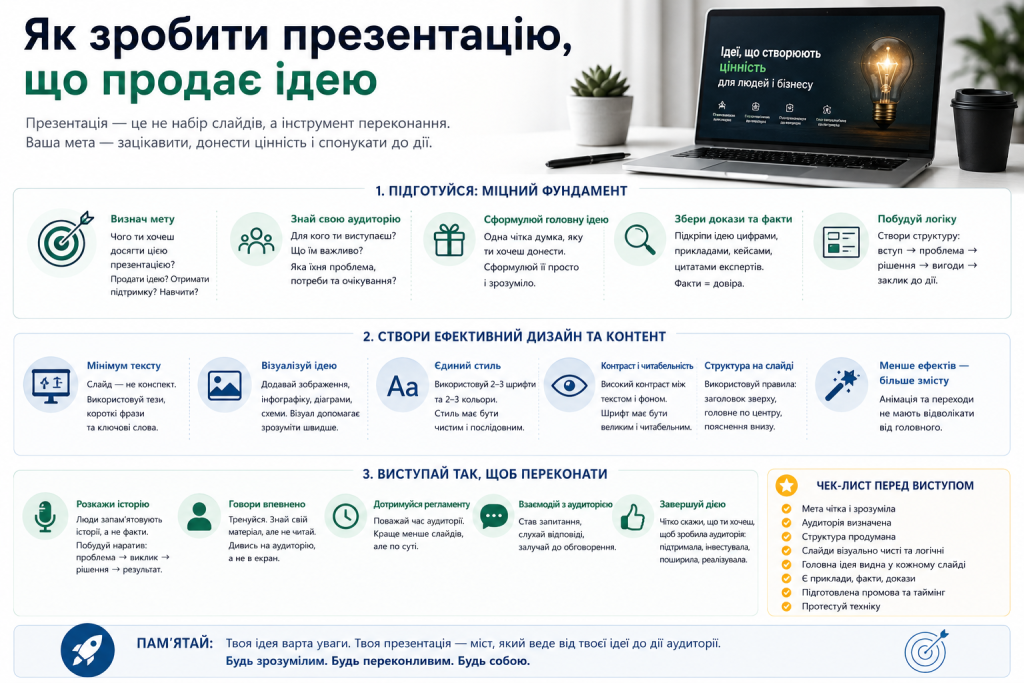 Інфографіка з трьома блоками: підготовка до презентації, створення ефективного дизайну та поради для переконливого виступу, а також чек-лист перед виступом