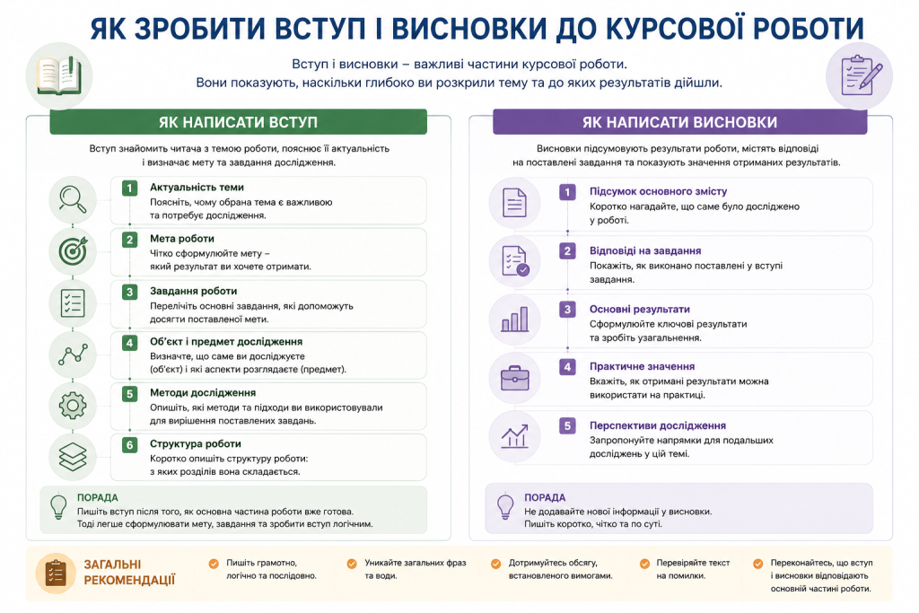Інфографіка з паралельним поясненням структури вступу та висновків курсової роботи: по 5–6 обов'язкових елементів кожного розділу з порадами щодо написання
