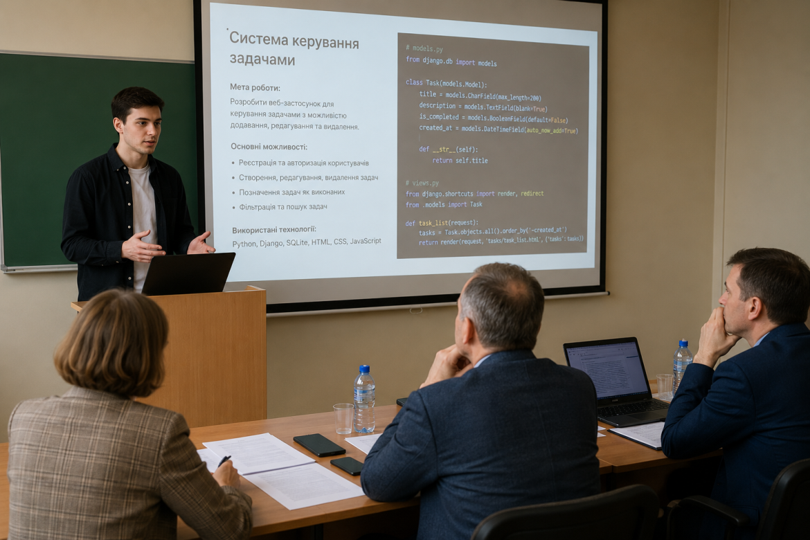 Студент захищає курсову роботу з програмування перед комісією, на екрані — код і опис системи керування задачами
